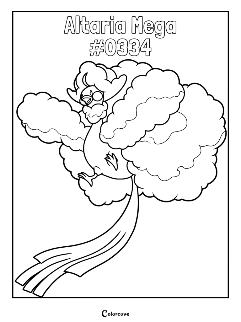Mega Altaria coloring page featuring the cloud-like Dragon and Fairy type Pokemon with its signature fluffy wings and long tail.