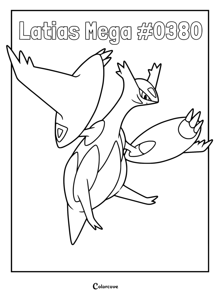Mega Latias #0380 coloring page featuring the legendary Hoenn Pokemon in a dynamic flying pose with its distinct wing-like appendages.