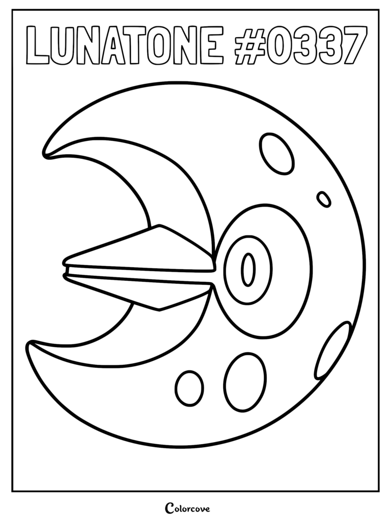 A printable coloring page featuring the crescent moon-shaped Pokemon Lunatone with its central eye and cratered surface.