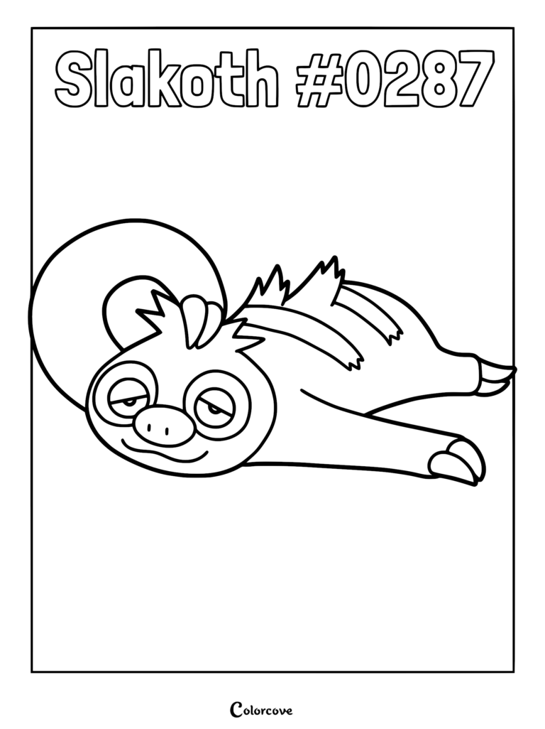 A printable coloring page featuring Slakoth #0287 lying down with a sleepy expression and curled tail.