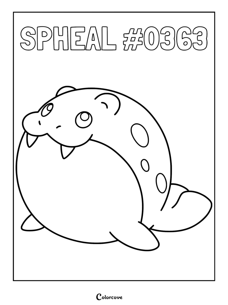 Spheal Pokemon #0363 coloring page featuring the round seal-like creature with tusks and spotted markings