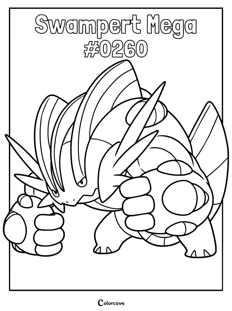 Mega Swampert #0260 in a powerful stance, detailed line art coloring page.