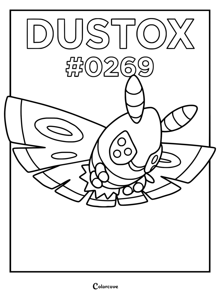 Dustox Pokemon #0269 with large patterned wings and antennae on a printable coloring page.