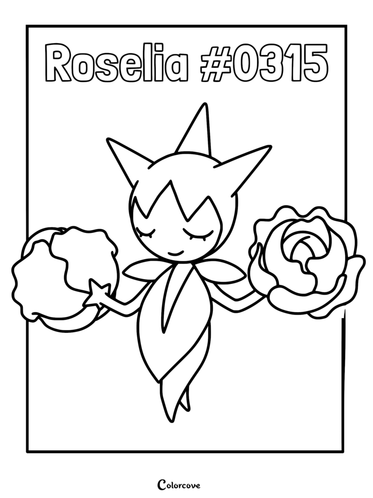 A printable coloring page featuring Roselia #0315 holding a red rose and a blue rose in its hands.