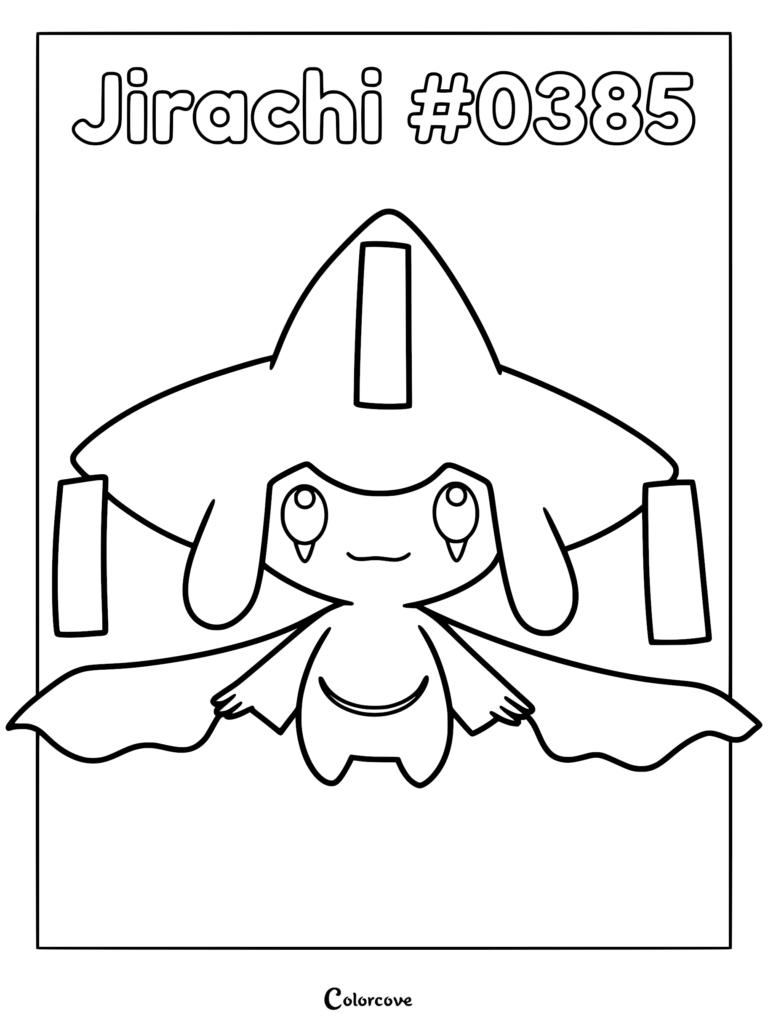Jirachi #0385 Pokemon Hoenn coloring page featuring the star-shaped mythical creature with wide eyes and flowing ribbons.