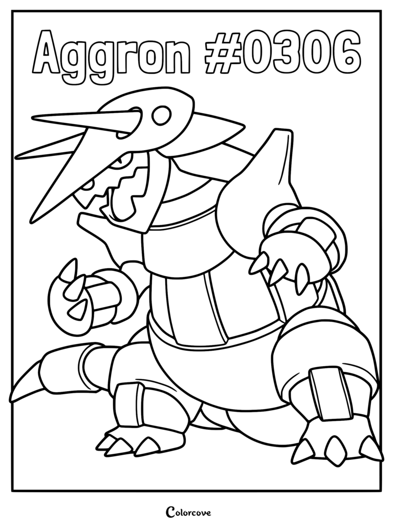 A detailed line art coloring page of the Hoenn Pokemon Aggron #0306, showcasing its armored plating, sharp horns, and powerful stance.
