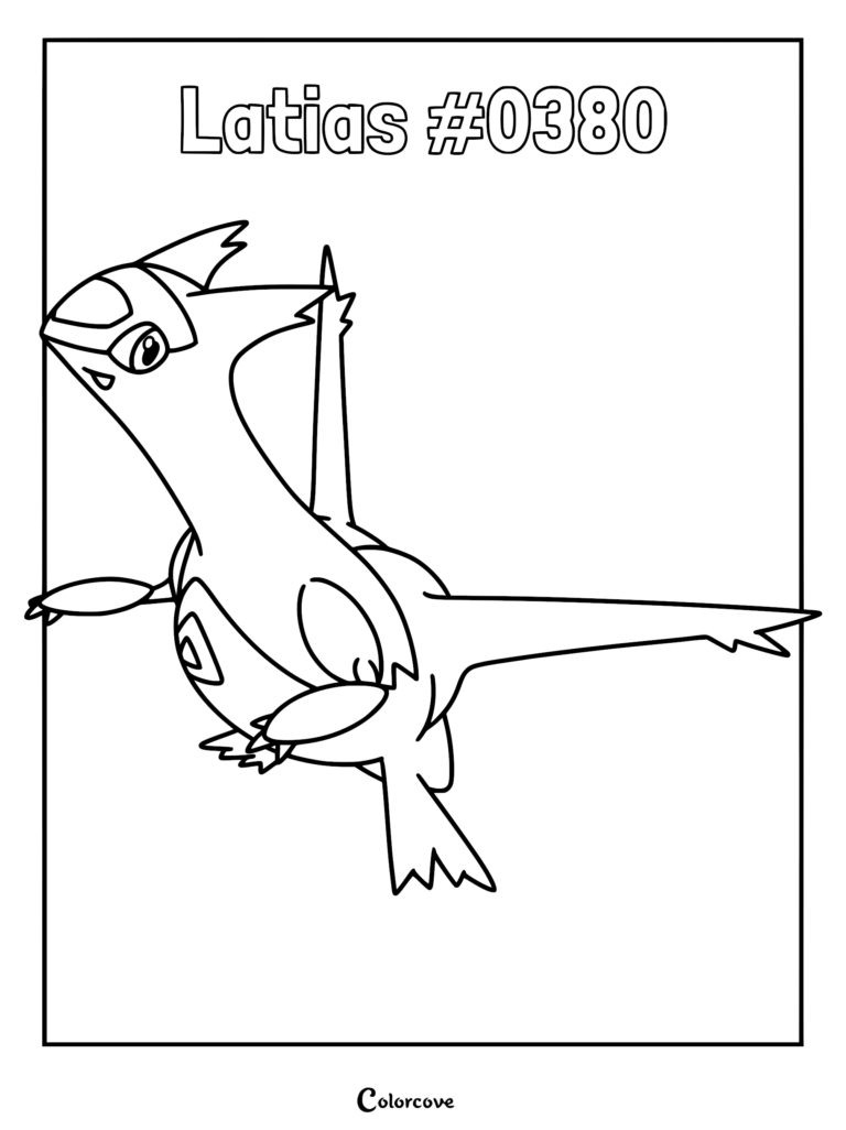 Latias #0380 Pokemon coloring page featuring the legendary dragon type with sleek wings and triangular head crest in a dynamic flying pose.