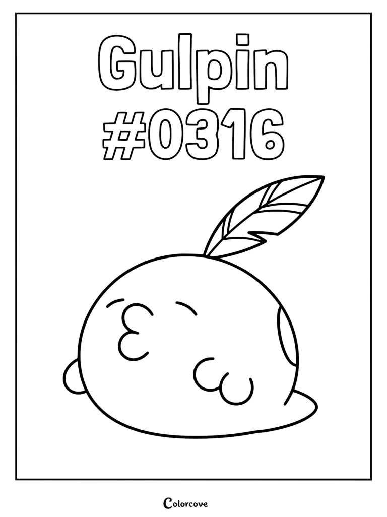 A simple line art coloring page of the Hoenn Pokemon Gulpin with its signature feather-like appendage and round body.