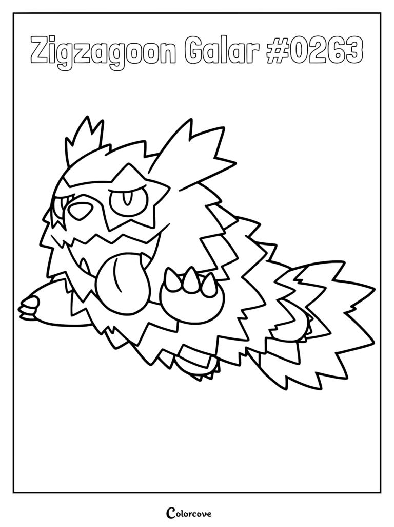 Galarian Zigzagoon with star-shaped eyes and spiky fur in a printable coloring page format.