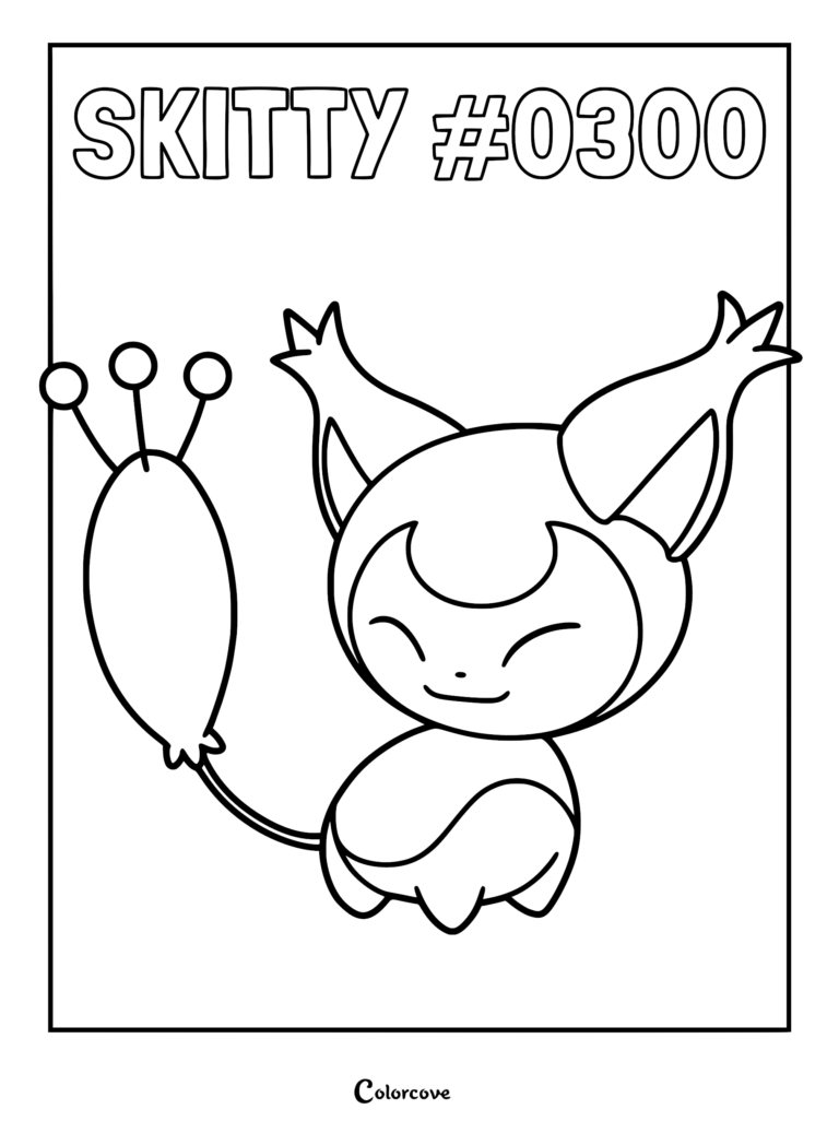A printable coloring page featuring Skitty #0300 with its signature tufted tail and happy expression.