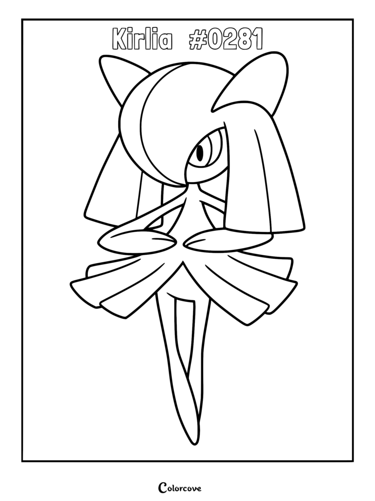 A clean line art coloring page of the Pokemon Kirlia #0281 standing with its hands clasped in front of its skirt.