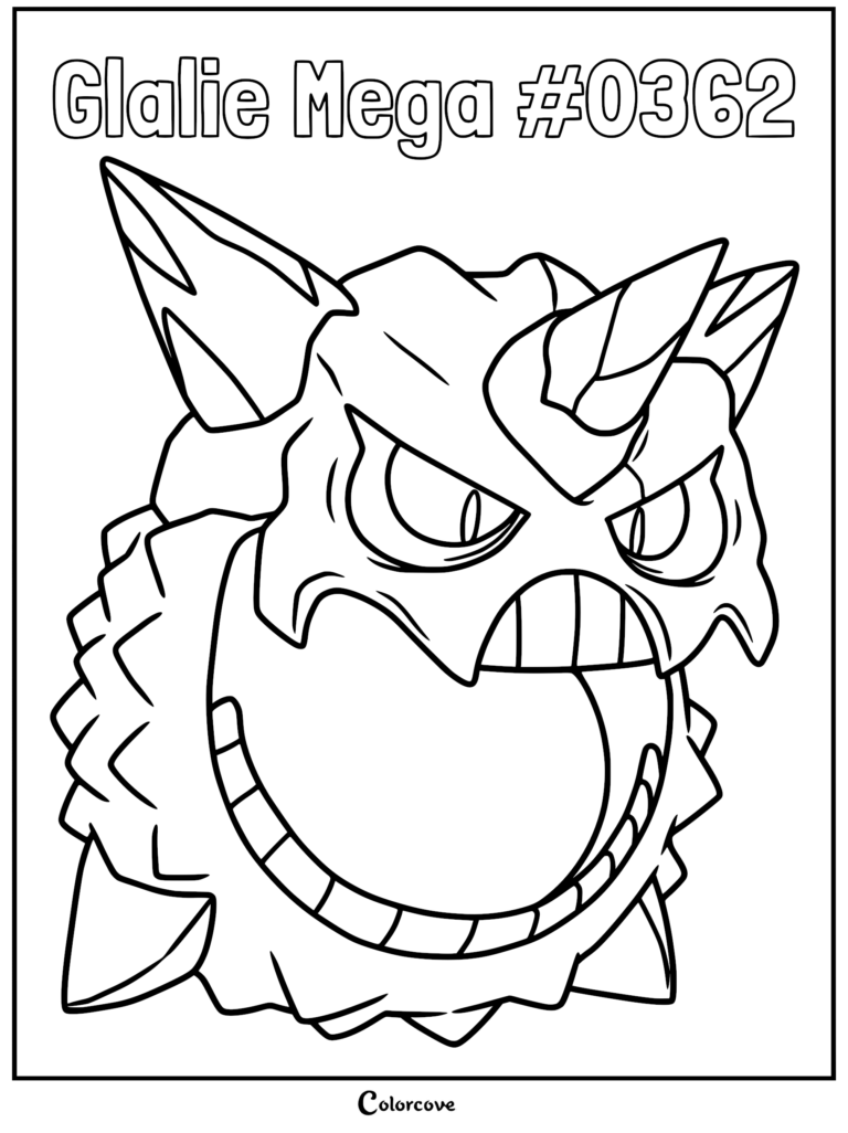 Mega Glalie coloring page featuring the Hoenn region Ice-type Pokemon with its signature jagged jaw and icy horns.