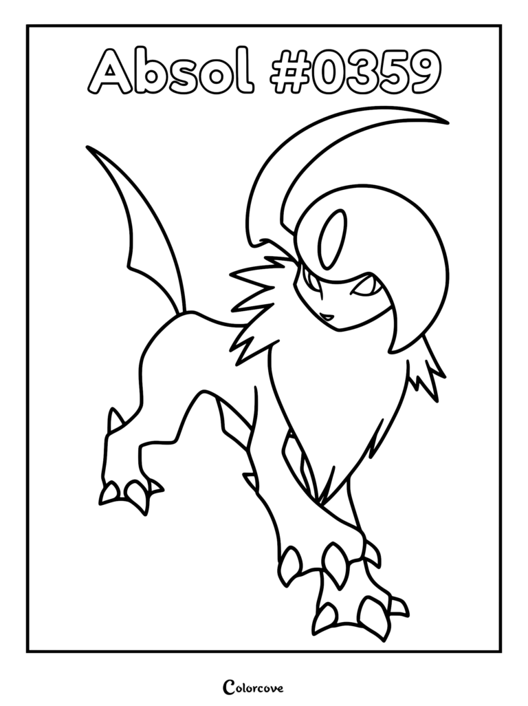 A black and white line art coloring page of the Pokemon Absol #0359, featuring its signature sickle-shaped horn and fluffy fur.