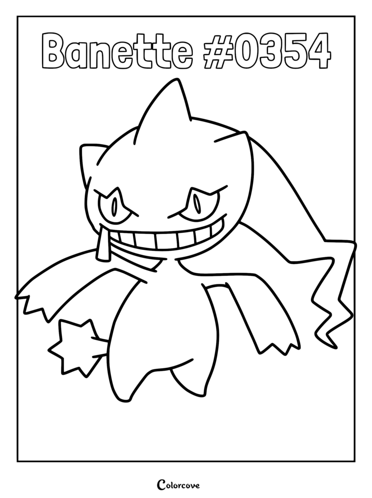A line art coloring page of the ghost-type Pokemon Banette #0354, featuring its signature zipper mouth and pointed head.