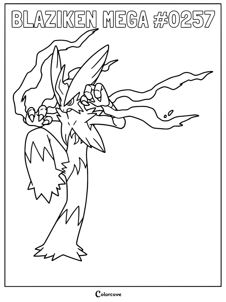 Mega Blaziken in a dynamic fighting stance with flowing flames, a detailed Pokemon Hoenn coloring page.