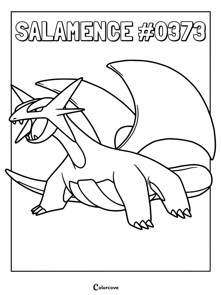 Salamence #0373 coloring page featuring the Hoenn dragon Pokemon with large wings and sharp head crests in a dynamic pose.