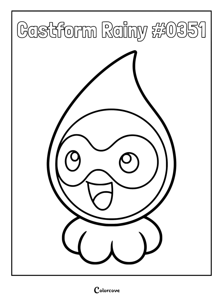 A printable coloring page featuring the Hoenn Pokemon Castform in its Rainy Form, characterized by its teardrop-shaped head and cheerful expression.