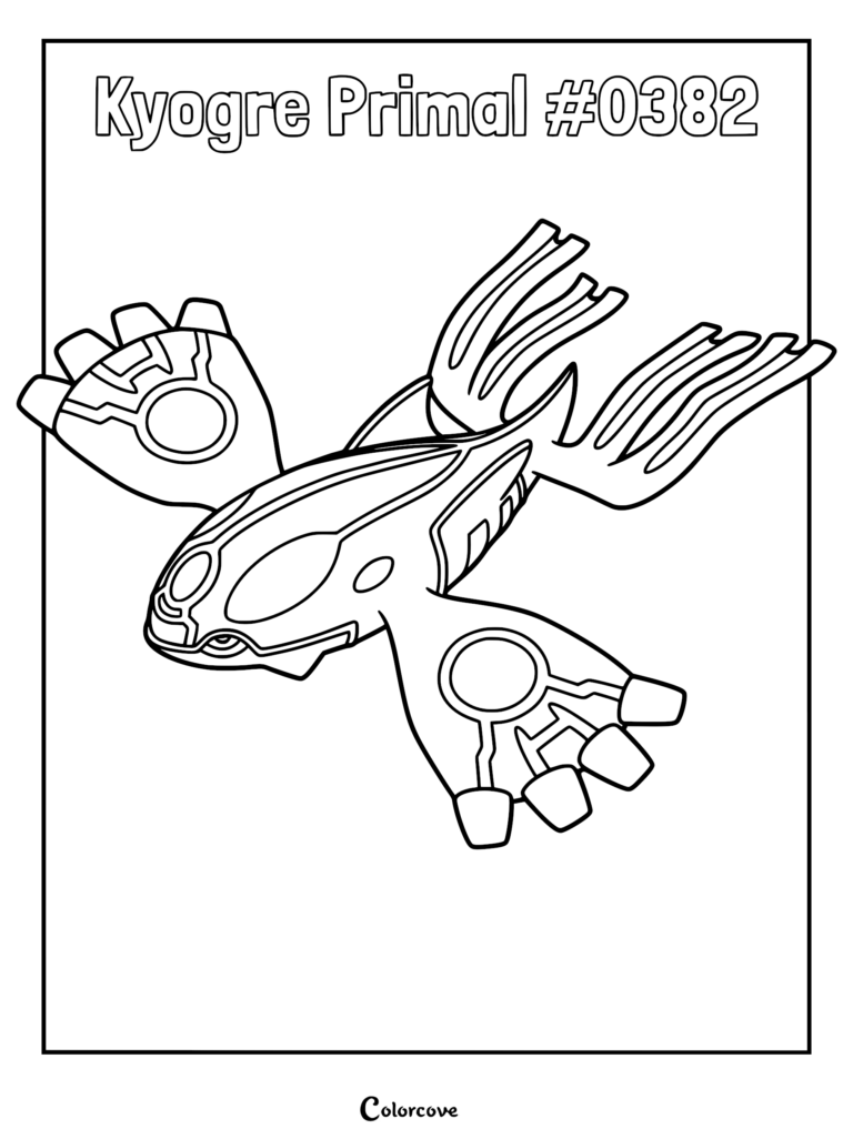 A detailed Primal Kyogre coloring page featuring the legendary Hoenn Pokemon with its distinct glowing patterns and large fins.