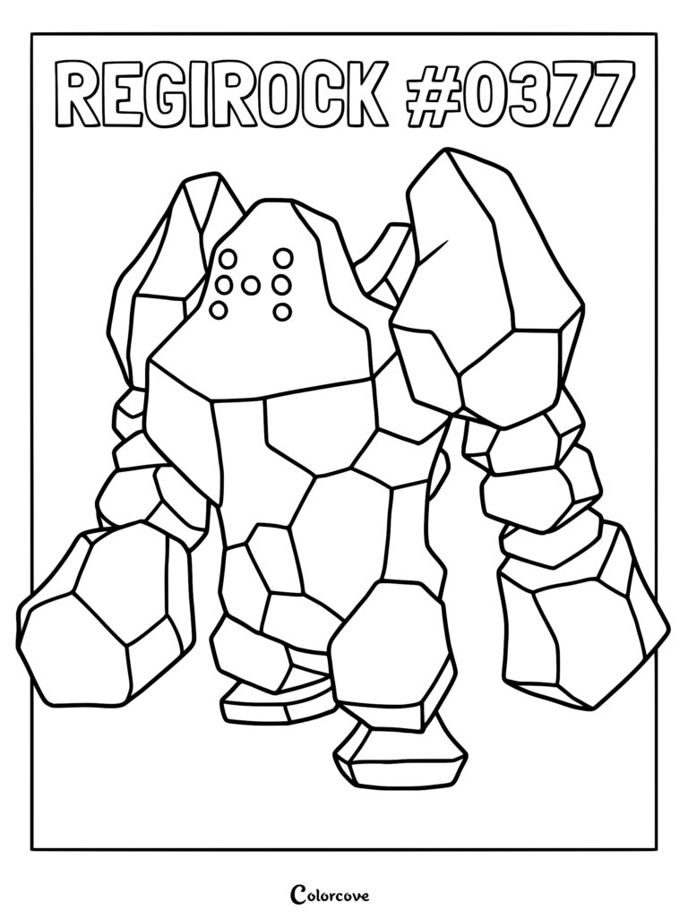 Regirock #0377 standing in a powerful pose, detailed rock-like body structure, printable coloring page.