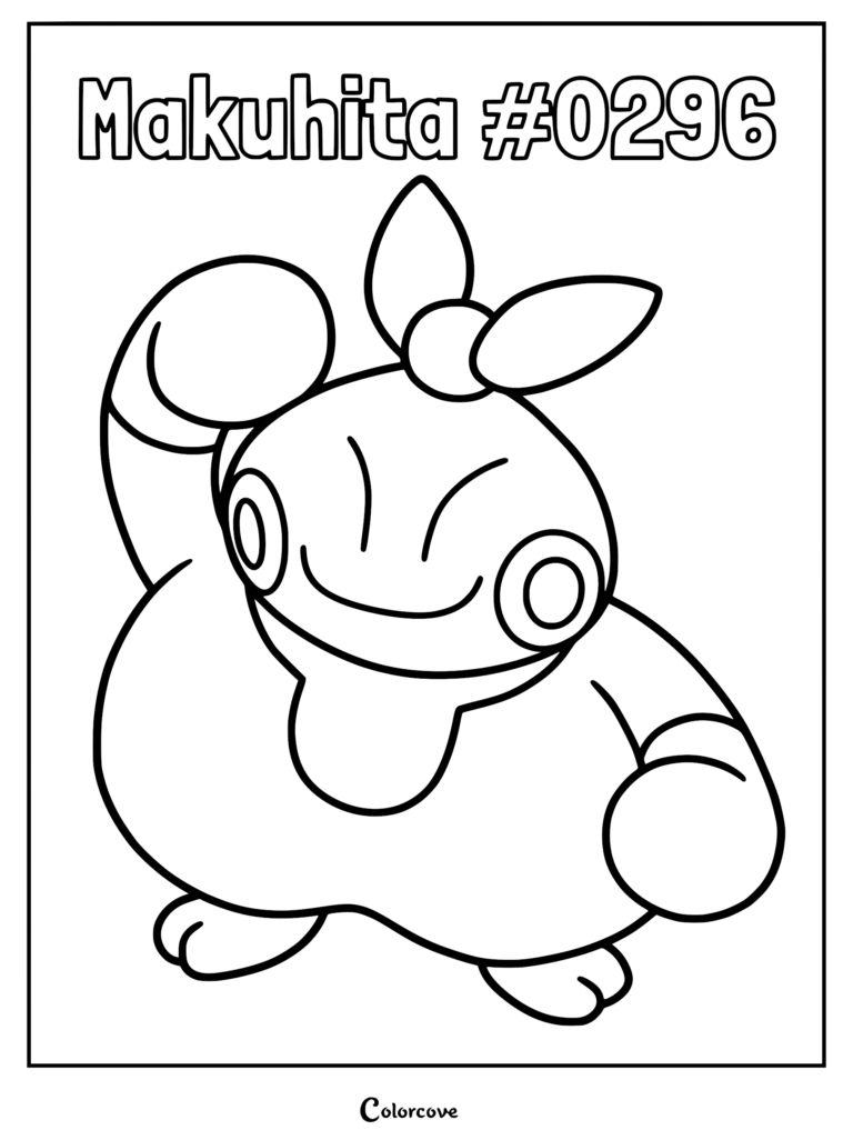 A printable Makuhita coloring page showing the Hoenn fighting type Pokemon with its arm raised in a pose.