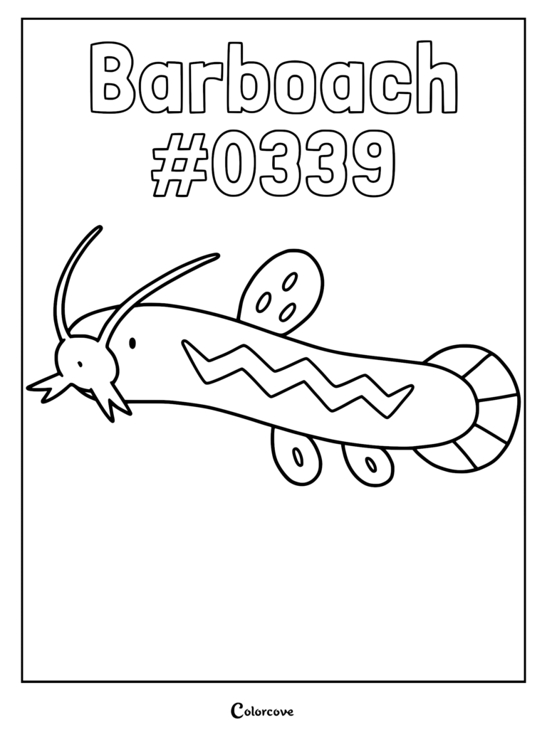 A simple line art coloring page of the Hoenn Pokemon Barboach featuring its long whiskers and zigzag body pattern.
