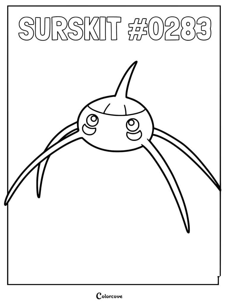 A printable coloring page of Surskit #0283 from the Hoenn region, featuring its distinct four spindly legs and antenna.