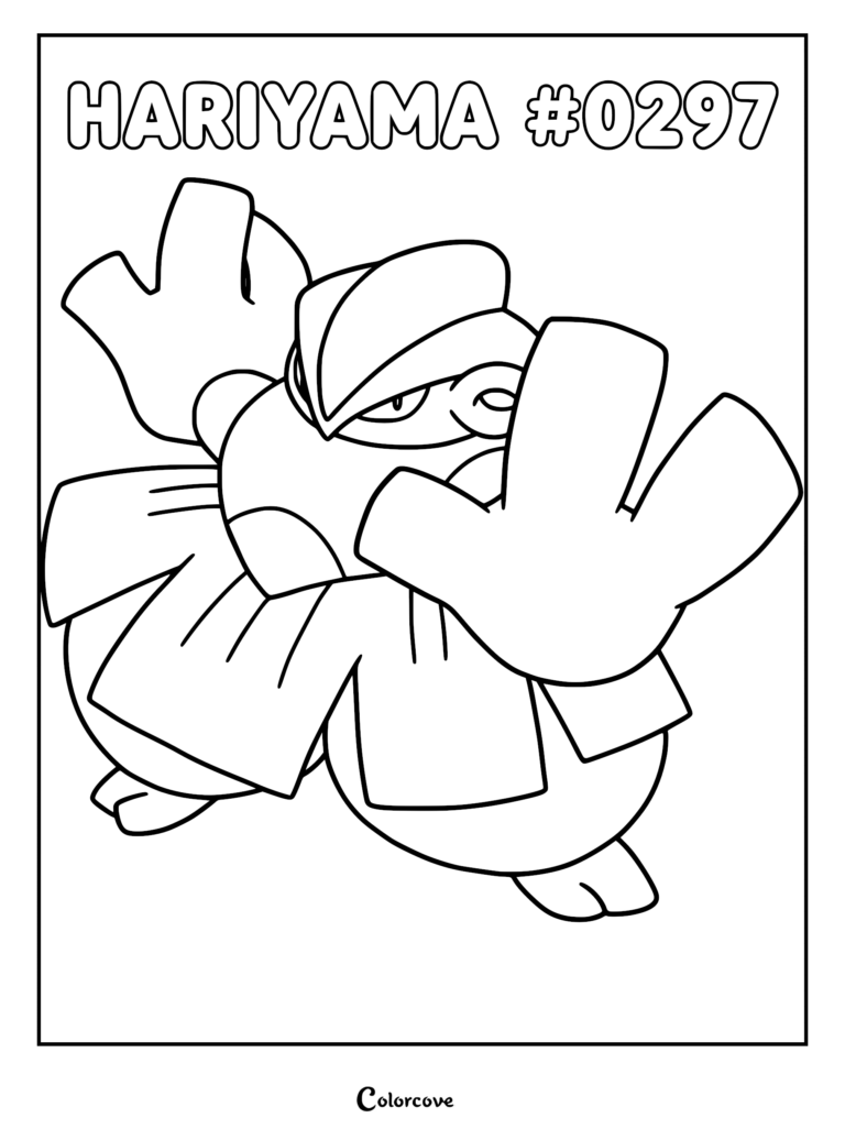 Hariyama #0297 from the Hoenn region in a dynamic sumo stance, featured on a printable coloring page.