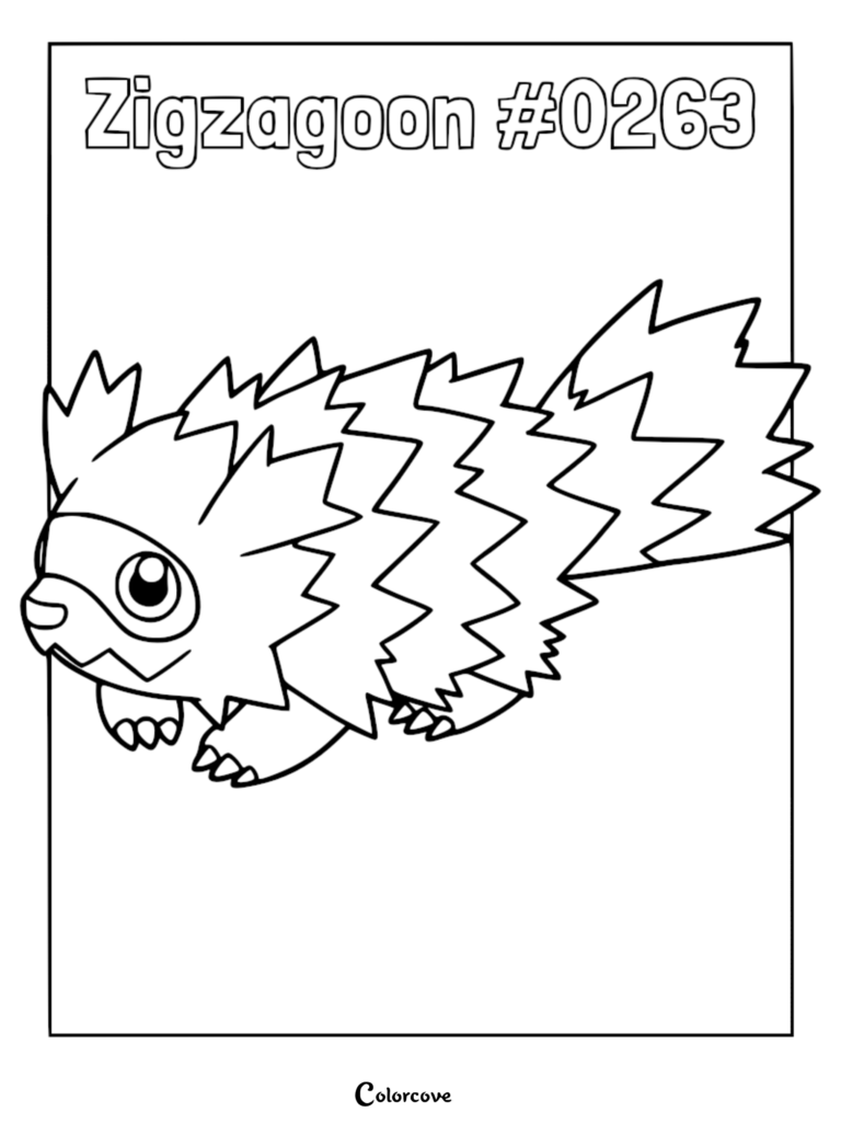 A printable coloring page featuring the Hoenn Pokemon Zigzagoon #0263 with its signature zig-zag fur pattern.