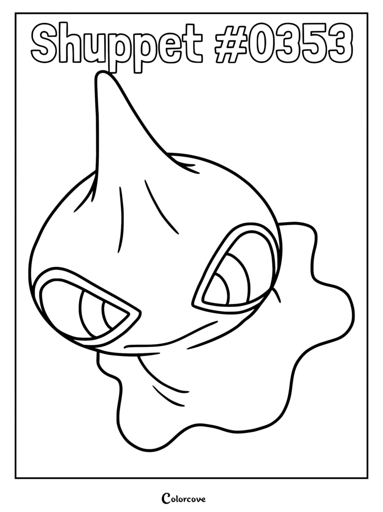 A printable coloring page featuring the ghost-type Pokemon Shuppet #0353 with its signature horn and large eyes.