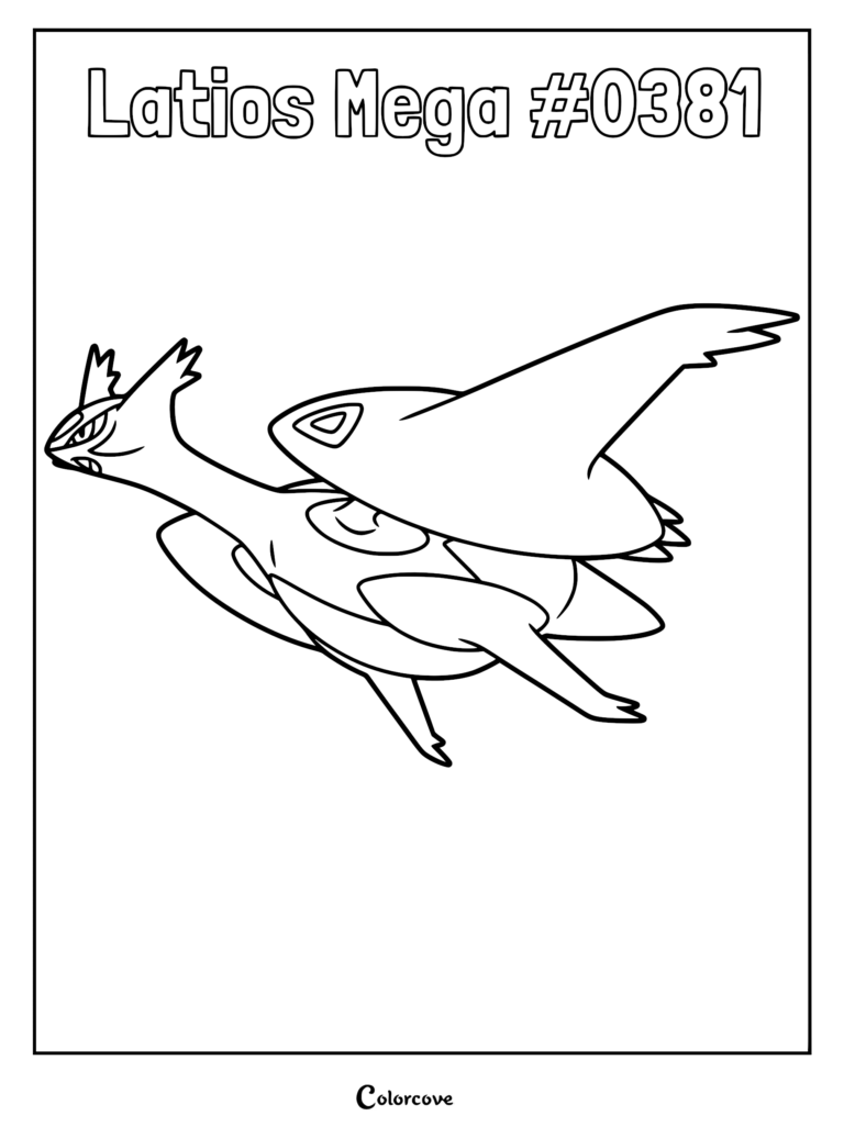Mega Latios #0381 flying in a dynamic pose, detailed line art coloring page.