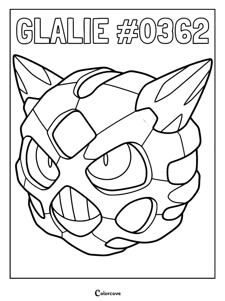 A printable Glalie Pokemon Hoenn coloring page featuring the icy face of Glalie with sharp horns and a stern expression.