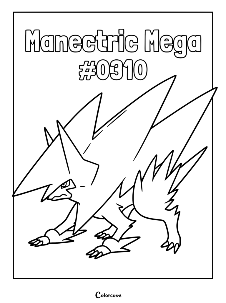 Mega Manectric #0310 standing in a powerful stance, detailed line art coloring page.