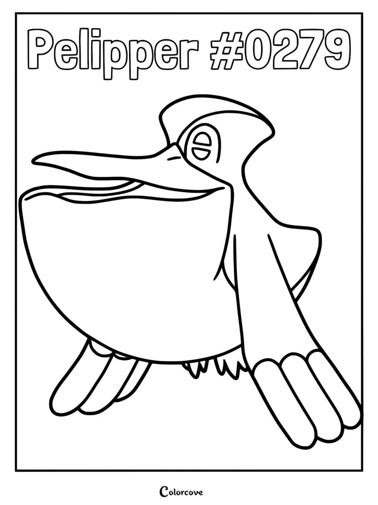 A printable coloring page featuring Pelipper #0279 with its large beak open, showcasing clean black outlines.