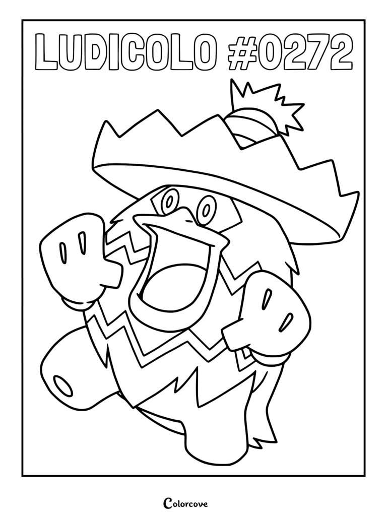Ludicolo #0272 Pokemon coloring page featuring the cheerful duck-like creature with a lily pad hat and zigzag patterns.