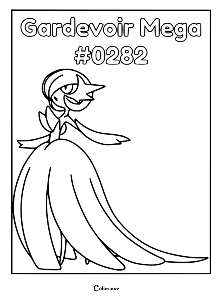 Mega Gardevoir #0282 standing in a graceful pose, a detailed Pokemon coloring page featuring the elegant Hoenn region character.
