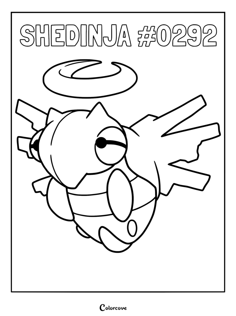 A printable coloring page featuring Shedinja #0292 with its signature halo floating above its head.