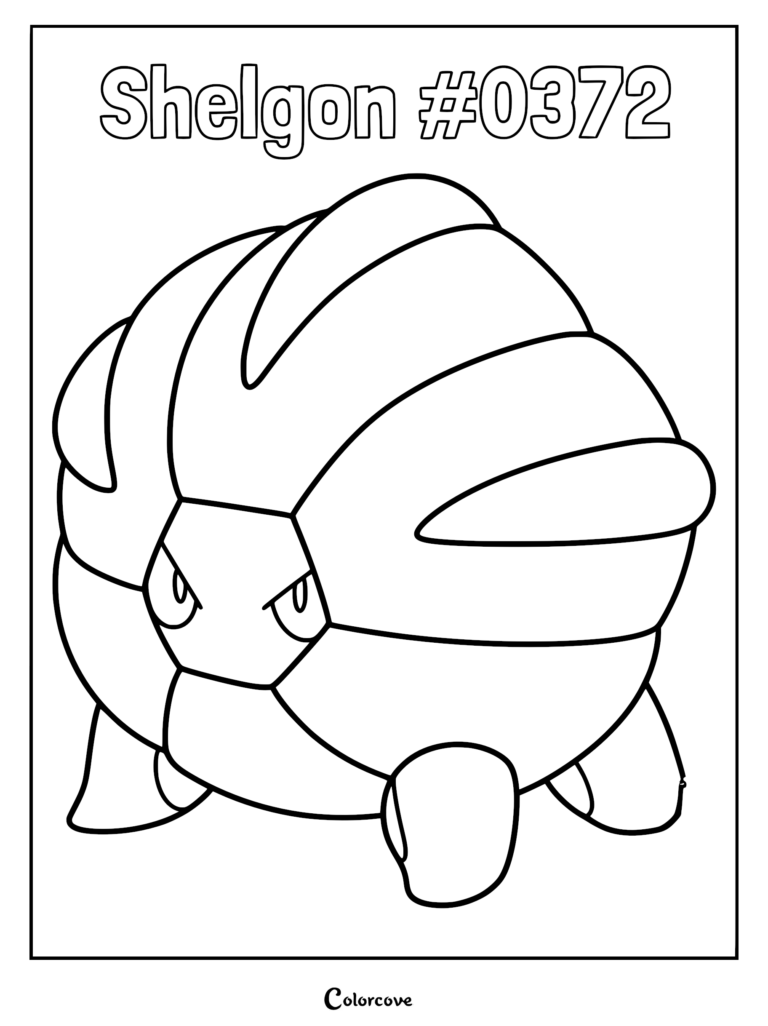 A printable Shelgon coloring page featuring the round, armored Dragon-type Pokemon with its distinct shell segments and determined eyes.