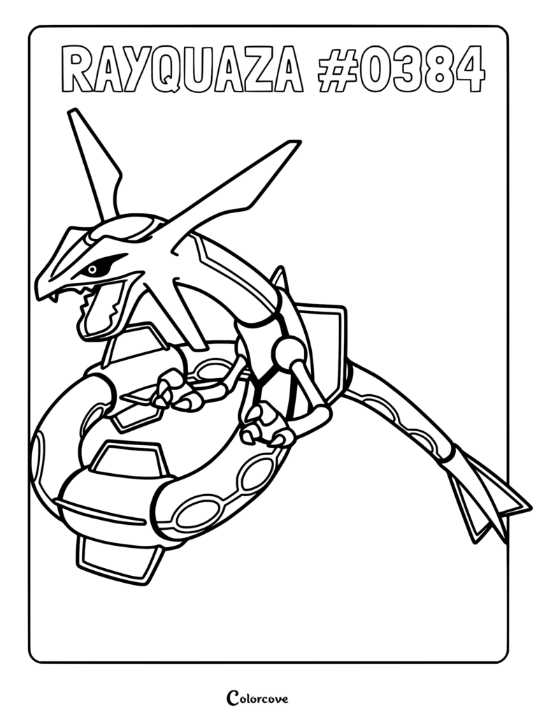Rayquaza from Hoenn region holding onto a circular life ring in this printable coloring page