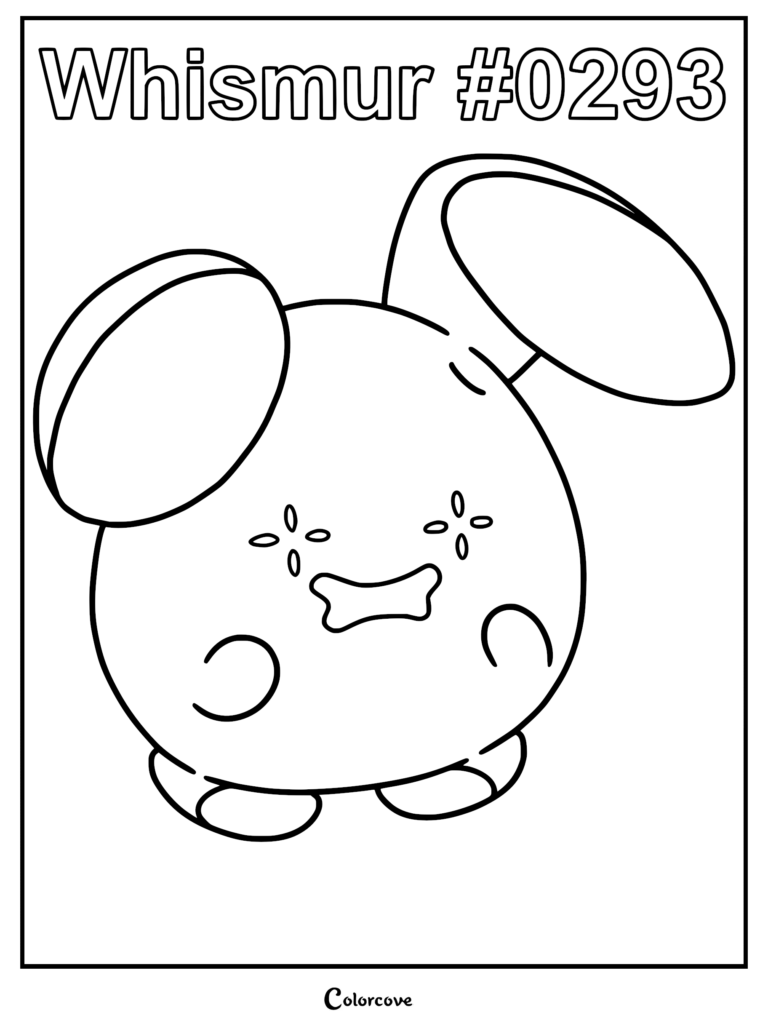 A printable coloring page featuring the Hoenn Pokemon Whismur #0293 with its signature large ears and wide, expressive mouth.