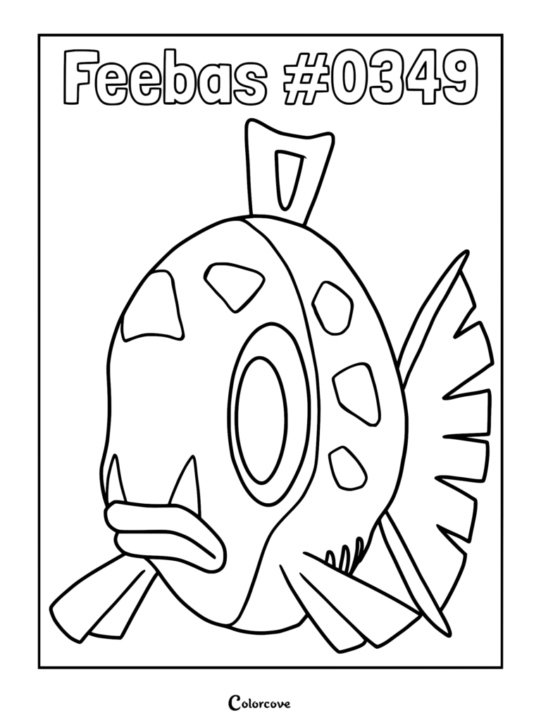 A simple line art coloring page of the Hoenn Pokemon Feebas #0349 featuring its distinct spotted body and large tail fin.