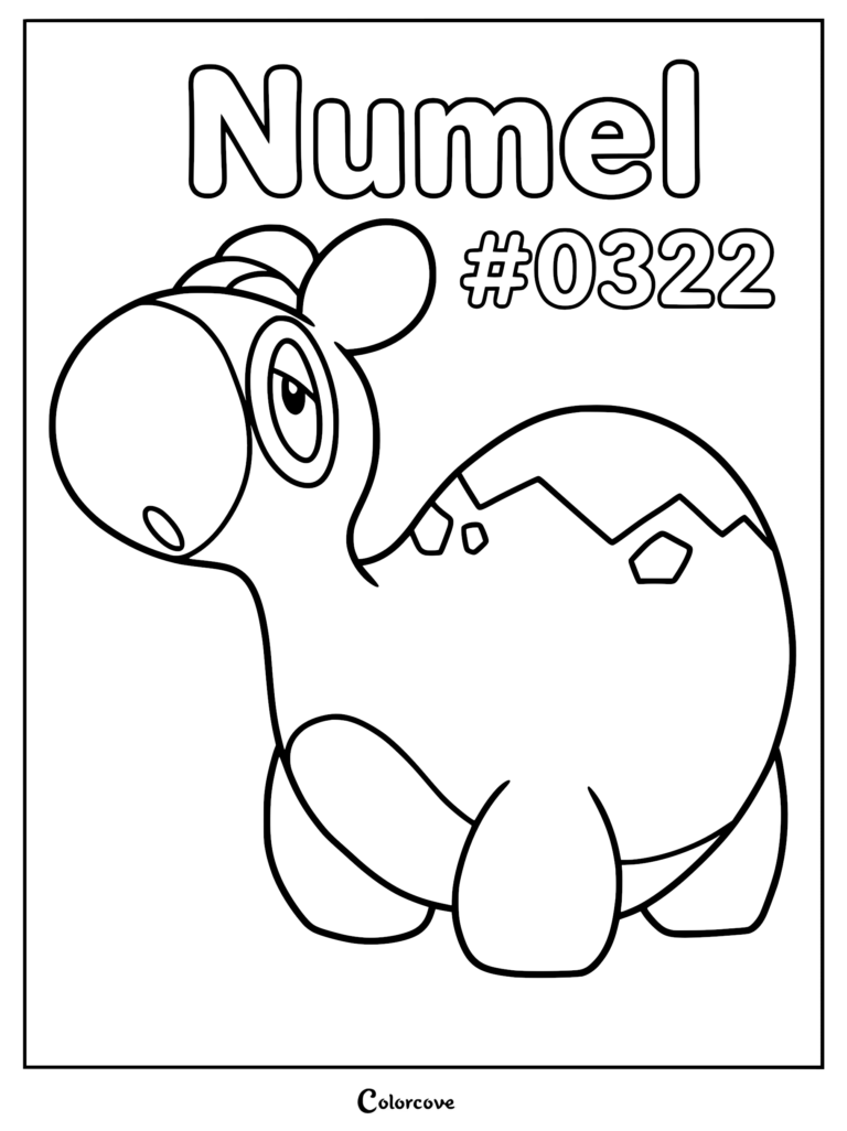 A printable coloring page featuring Numel, the Hoenn region Pokemon, with its distinct hump and circular eye markings.