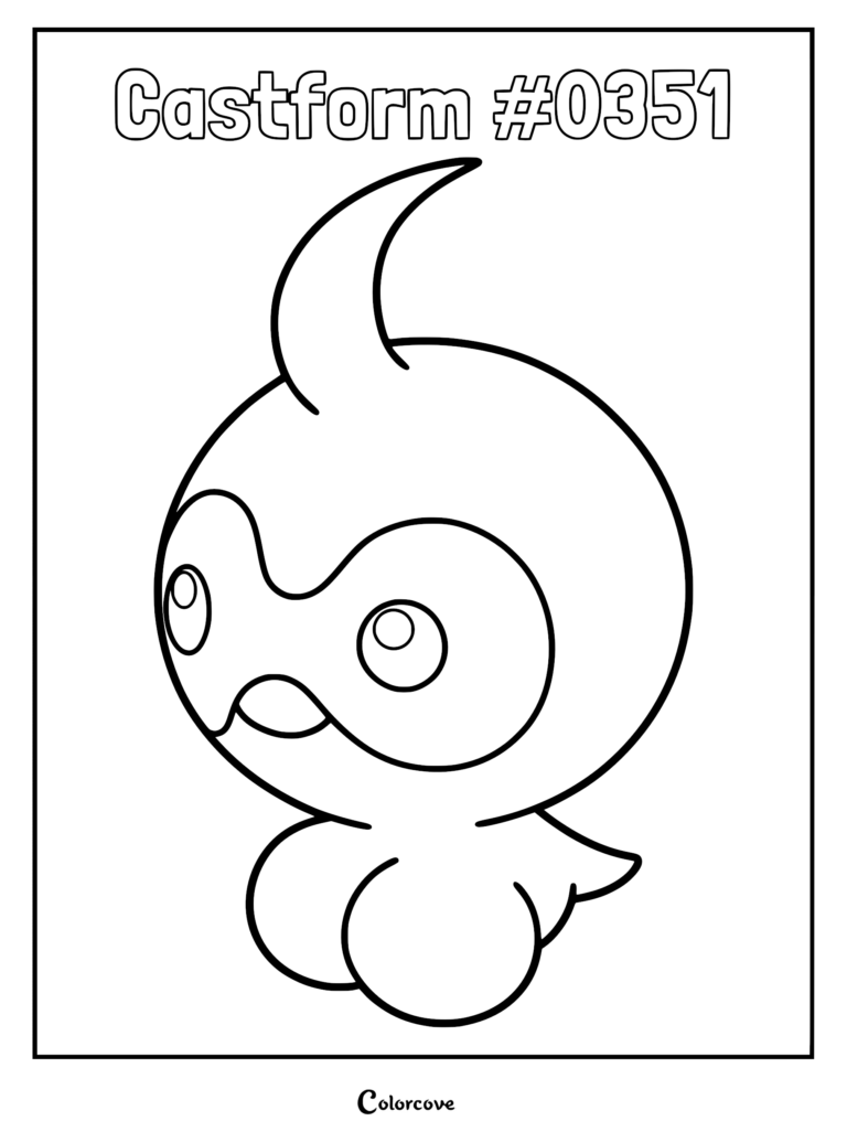 A simple line art coloring page of the Hoenn Pokemon Castform #0351 featuring its round head, mask-like facial markings, and small tail.