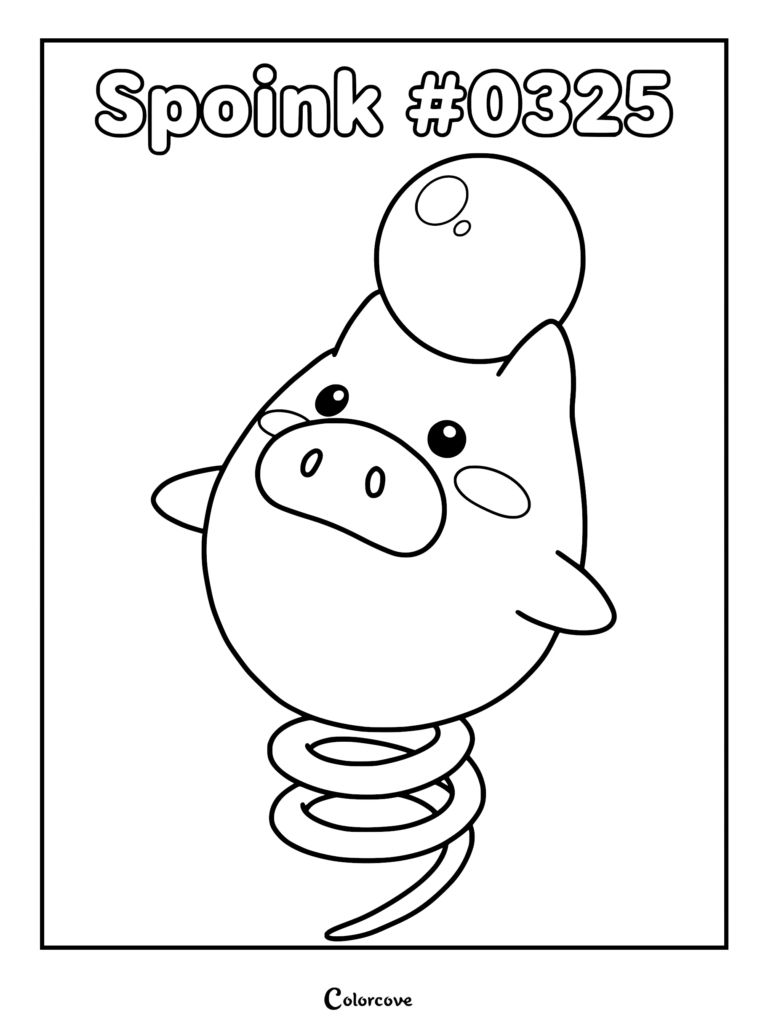 Spoink #0325 balancing a pearl on its head while bouncing on a spring tail in this printable coloring page.