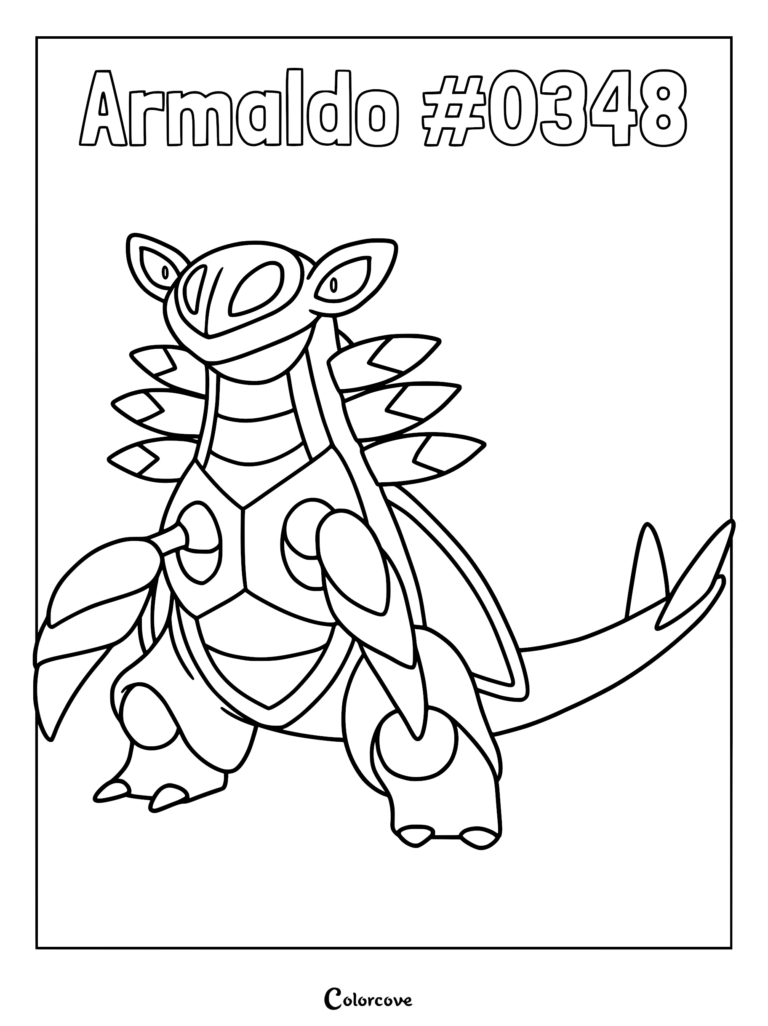 Armaldo #0348 standing in a defensive pose, detailed line art coloring page of the Hoenn region Pokemon.