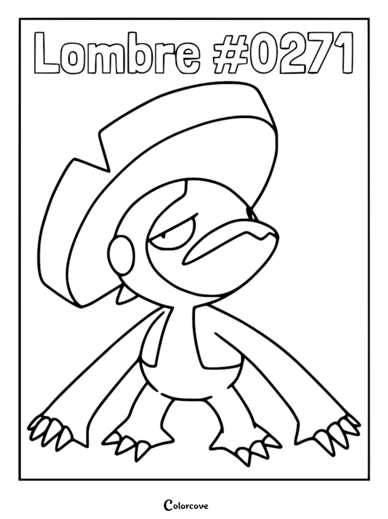 Lombre #0271 standing with its signature lily pad hat in a clean line art coloring page style.