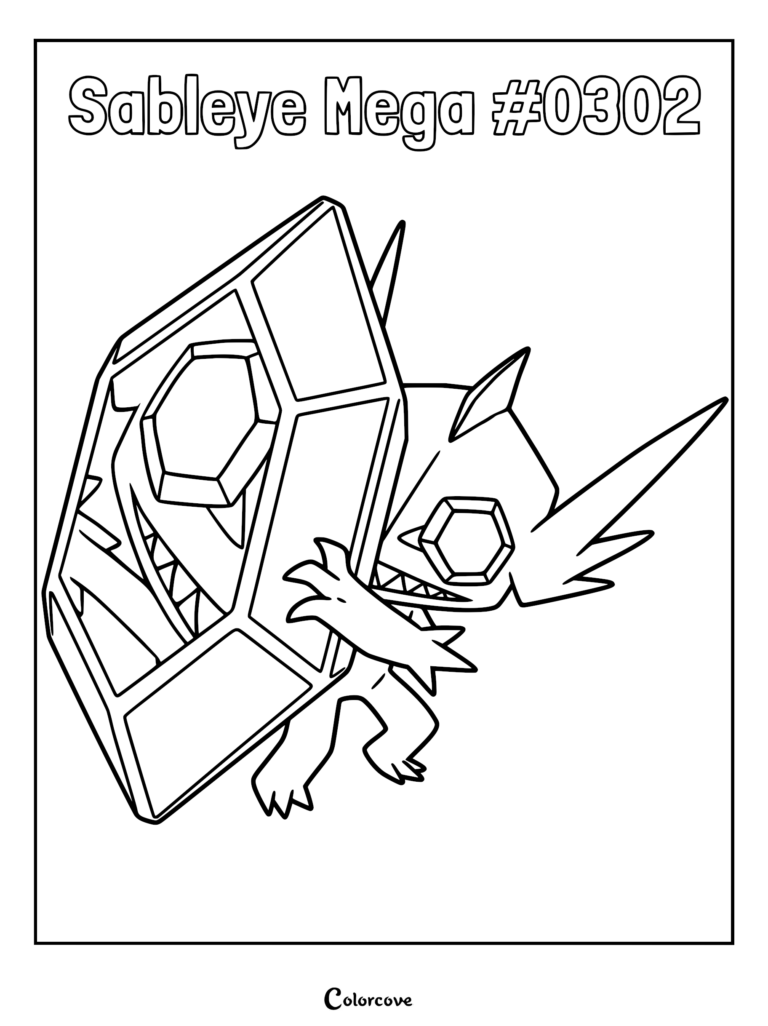 Mega Sableye #0302 holding a giant crystalline shield in this printable coloring page.