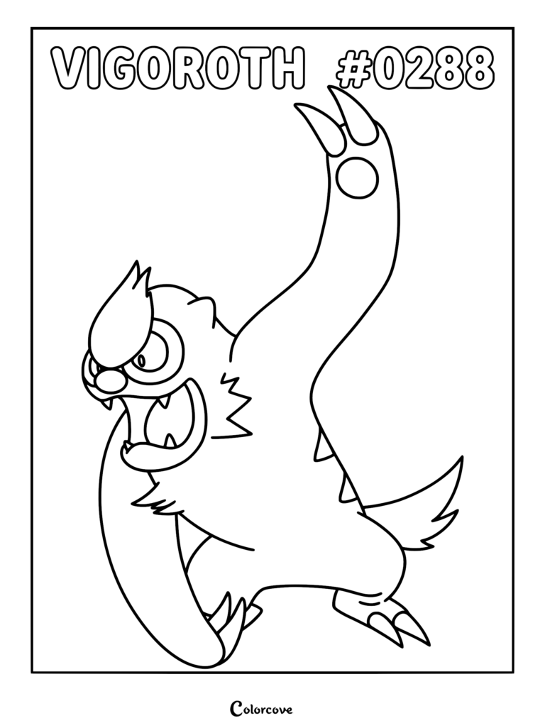 Vigoroth Pokemon #0288 standing in an energetic pose with one arm raised high, black and white line art coloring page.