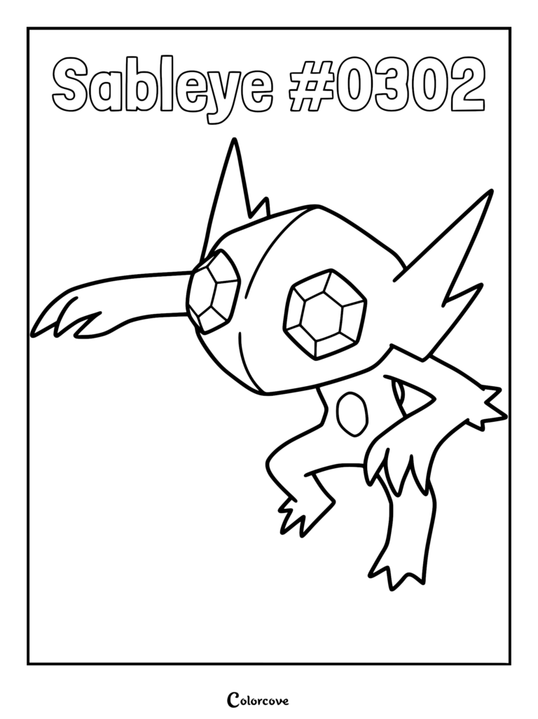 Sableye #0302 coloring page featuring the Hoenn Pokemon with gemstone eyes and sharp claws in a dynamic pose.