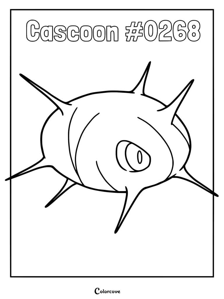 A simple black and white coloring page of the Hoenn Pokemon Cascoon #0268 featuring its spiky, oval-shaped cocoon body and single visible eye.