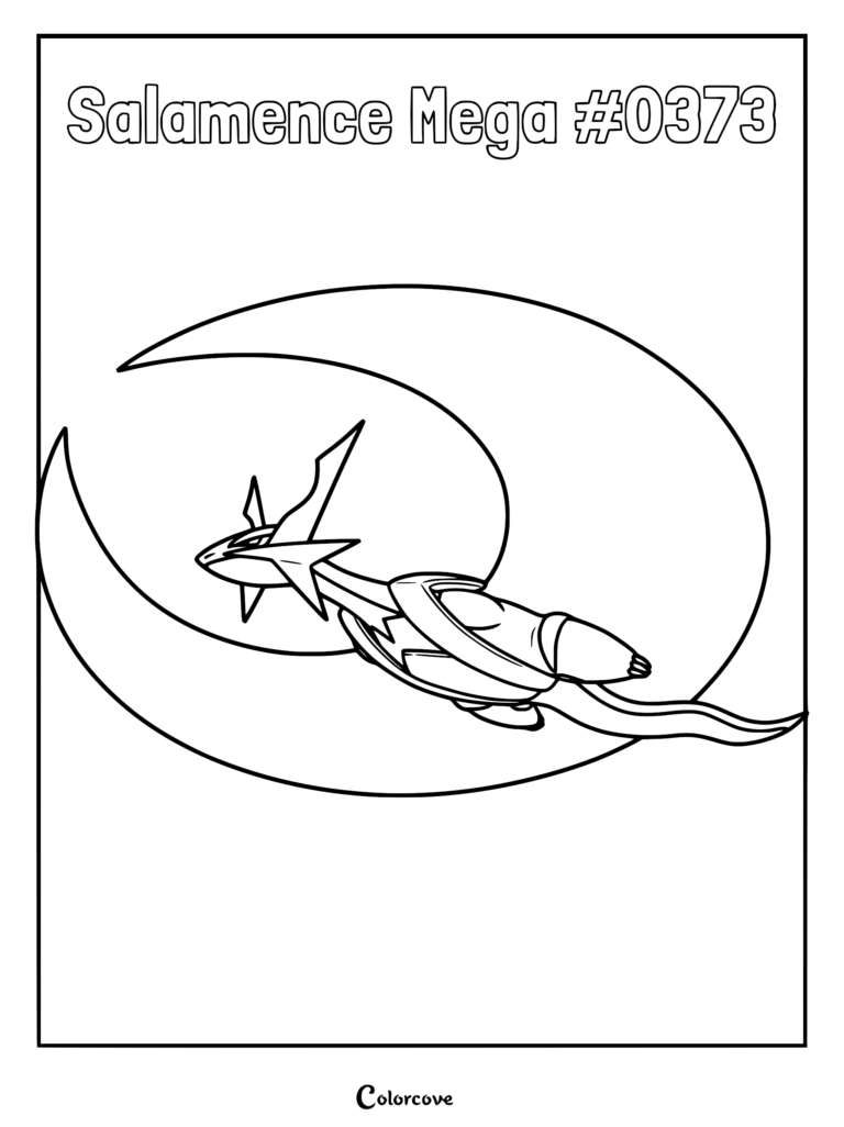 Mega Salamence flying in front of a large crescent moon shape on a printable coloring page.